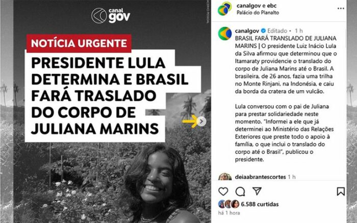 O presidente Lula determinou que o Itamaraty providencie o translado do corpo de Juliana Marins, brasileira que morreu durante trilha no Monte Rinjani, na Indonésia. Ele conversou com o pai da jovem e garantiu apoio.