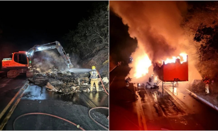 Caminhão pega fogo na BR-251 em Salinas (MG) após incêndio iniciado na roda. Motorista escapa ileso; causas ainda são investigadas.