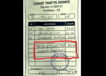 Recibo de cabaré em Fortaleza cobra 50% a mais de turista americano com a justificativa “Tarifa do Trump” e viraliza nas redes. Gesto simbólico ironiza a nova taxação dos EUA ao Brasil.
