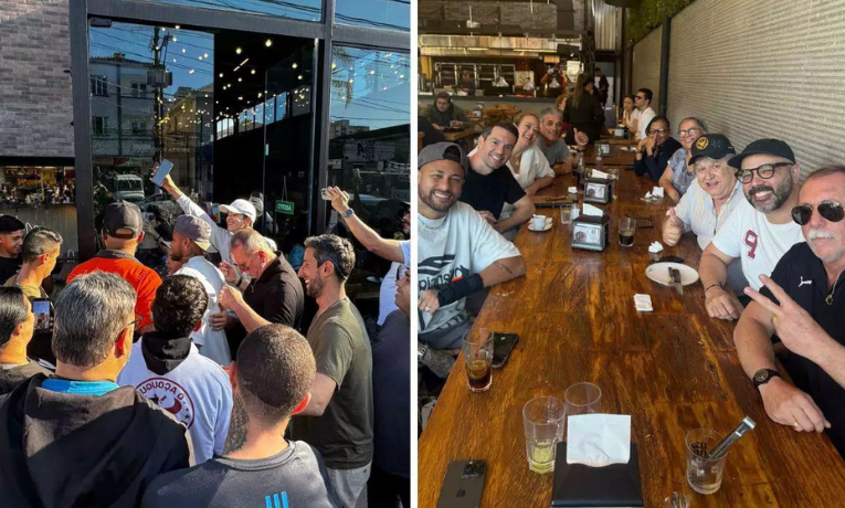 Neymar promove almoço com funcionários do Santos em churrascaria no litoral paulista, agradece apoio dos bastidores e se prepara para duelo contra o Juventude pelo Brasileirão.