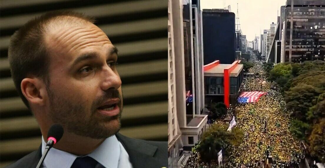 Eduardo Bolsonaro explicou em inglês por que apoiadores ergueram bandeira dos EUA no 7 de Setembro na Avenida Paulista. Deputado diz que objetivo é “romper narrativa” e negou ataque à soberania brasileira.