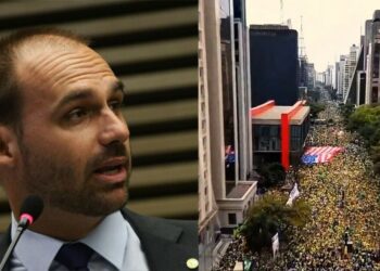 Eduardo Bolsonaro explicou em inglês por que apoiadores ergueram bandeira dos EUA no 7 de Setembro na Avenida Paulista. Deputado diz que objetivo é “romper narrativa” e negou ataque à soberania brasileira.