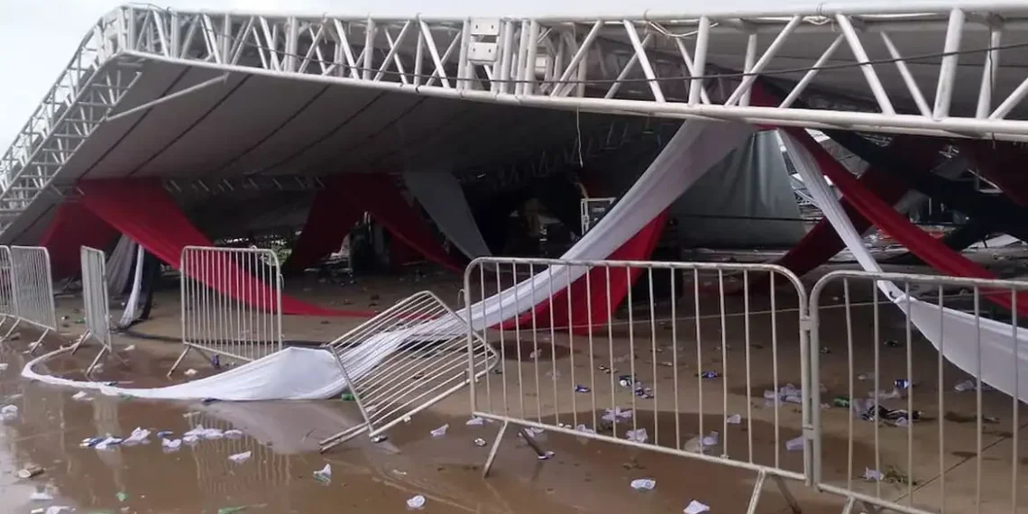 Tempestade com ventos de 95 km/h derruba estrutura em festa universitária em Regente Feijó (SP). Um morto e 40 feridos foram registrados.