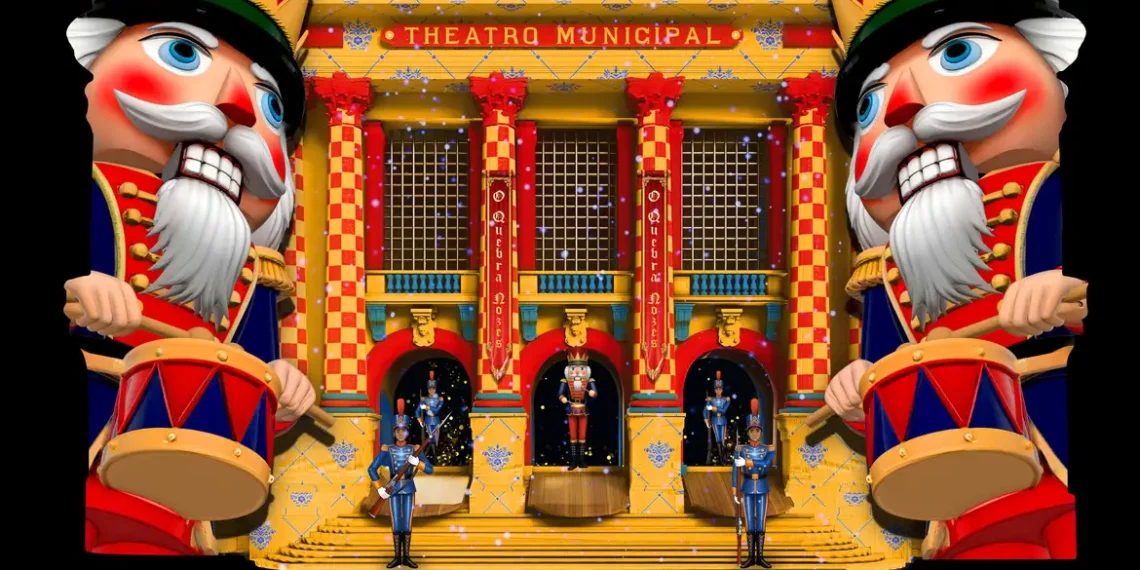 Theatro Municipal do Rio oferece projeções gratuitas de O Quebra-Nozes na Cinelândia entre 12 e 28 de dezembro, com video mapping, Vila de Natal e atrações especiais para o público.