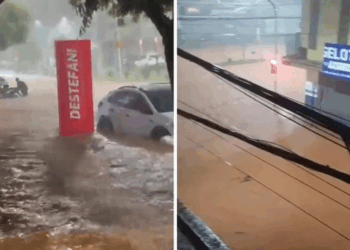 Moradores registraram trechos do centro da cidade intransitáveis para veículos e pedestres durante o alagamento causado pela chuva intensa.