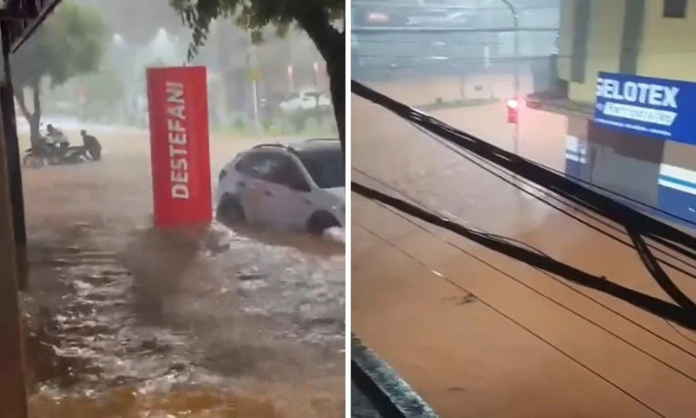Moradores registraram trechos do centro da cidade intransitáveis para veículos e pedestres durante o alagamento causado pela chuva intensa.