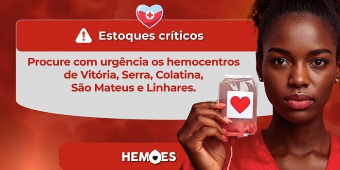 Hemoes alerta para estoques baixos de sangue no Espírito Santo e convoca a população para doações. Unidades atendem em Vitória, Serra, Linhares, Colatina e São Mateus.