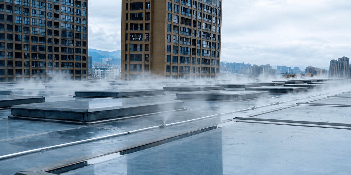 Prédios na China usam sistema de nebulização nos telhados para aliviar ondas de calor. Entenda como funciona a “chuva artificial” urbana.