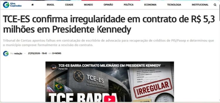 Contrato sem licitação de R$ 900 mil gera empenho de R$ 5,3 milhões em Presidente Kennedy