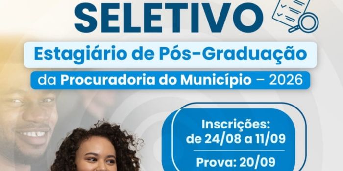 PGM de Vitória recebe inscrições para estágio de pós-graduação em Direito até 11 de setembro. Prova objetiva será realizada no dia 20.